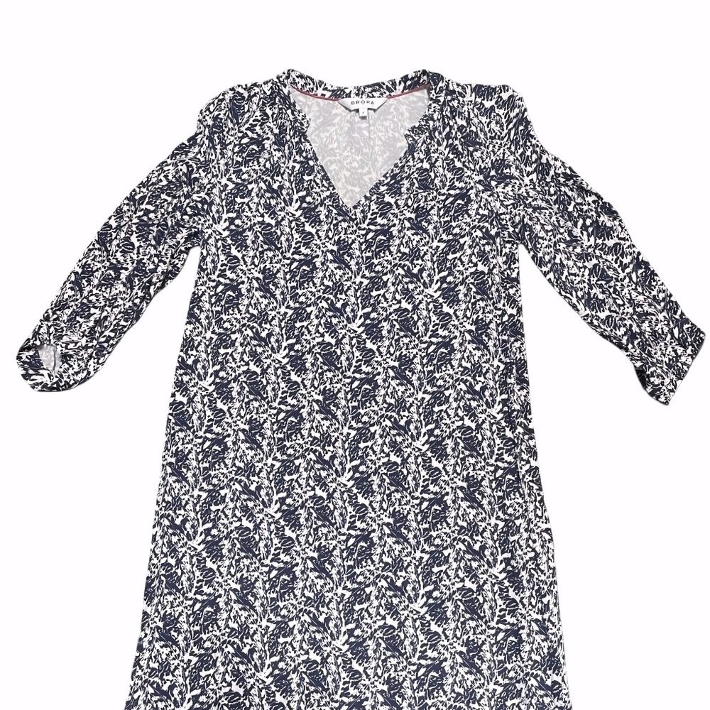 Brora Navy Print Jersey V neck Midi Dress Size 6 3/4 sleeves - Picture 2 of 12